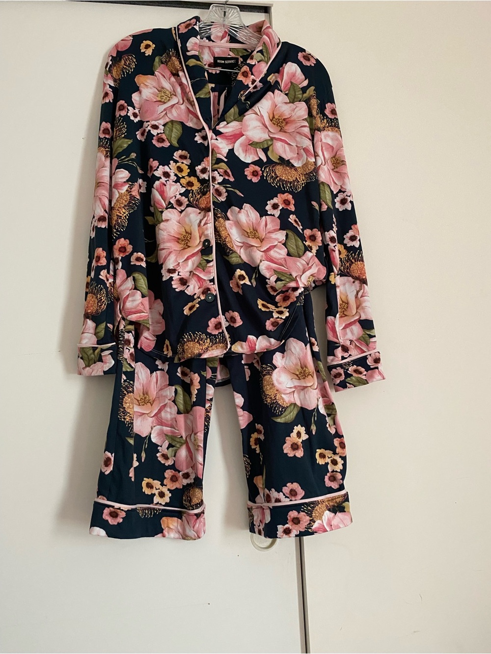 Floral flannel Pajama Set - Pink Magnolia on Black